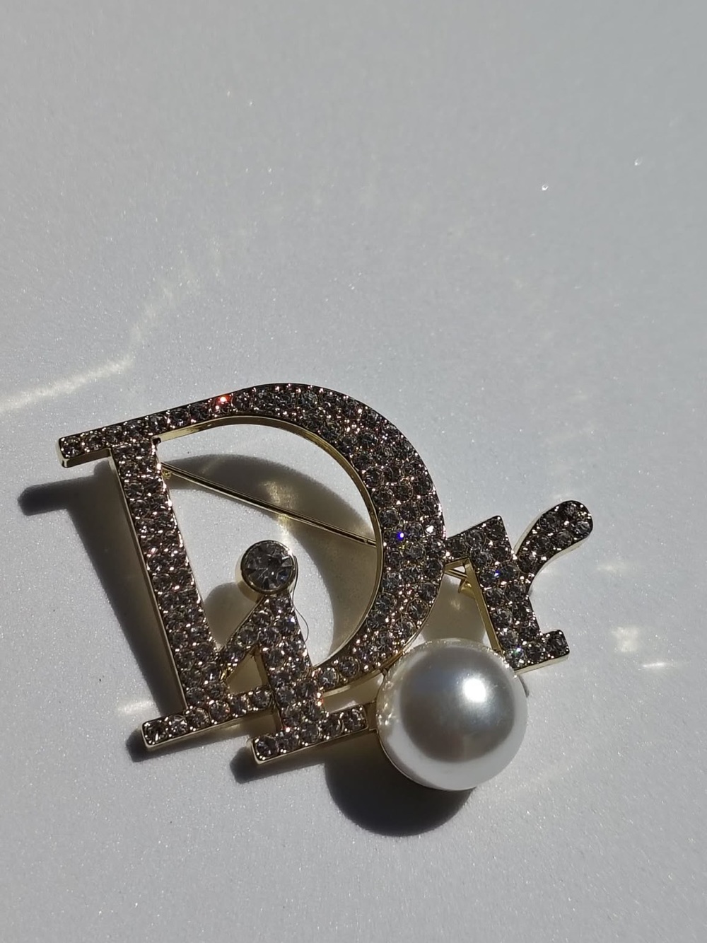 Upcycled Crystal-Embellished Logo Brooch with Faux Pearl - Gold & White - Picture 3 of 4